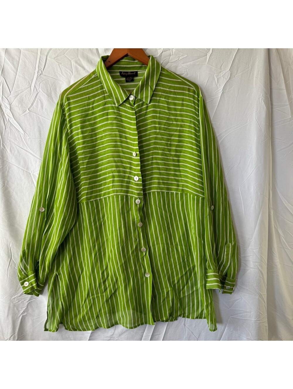 Ashley Stewart Blouse 20 Lime Green White Stripe 100% Silk Plus Flaw